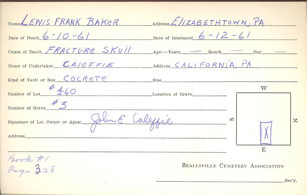 Lewis Frank Baker burial card